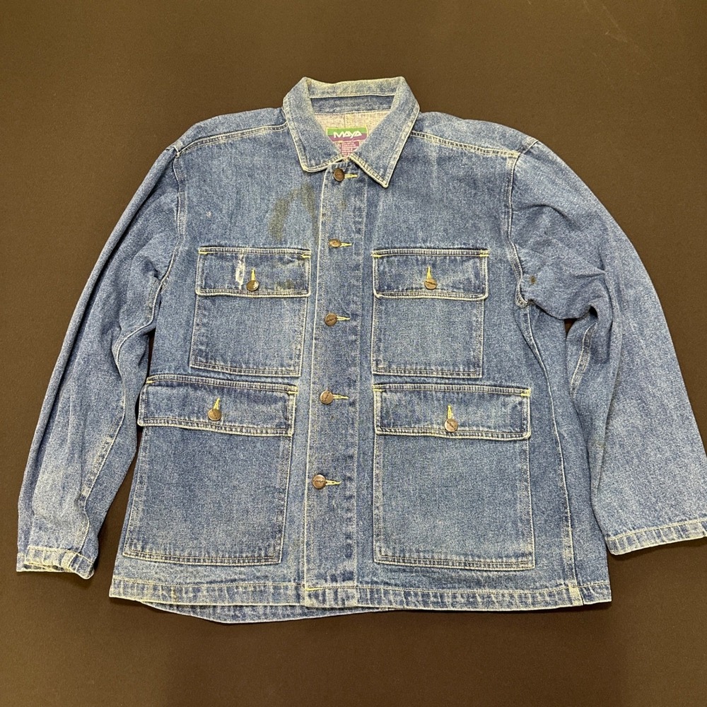 VTG‎ 90s Maya Denim Chore Jacket Mens Medium Minimalist Utility Workwear Light